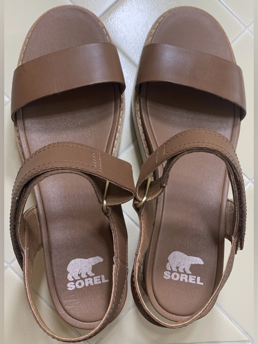 Sorel Women's Joanie IV Y Strap Wedge Sandals Velvet Tan Brown Leather Size 8.5
